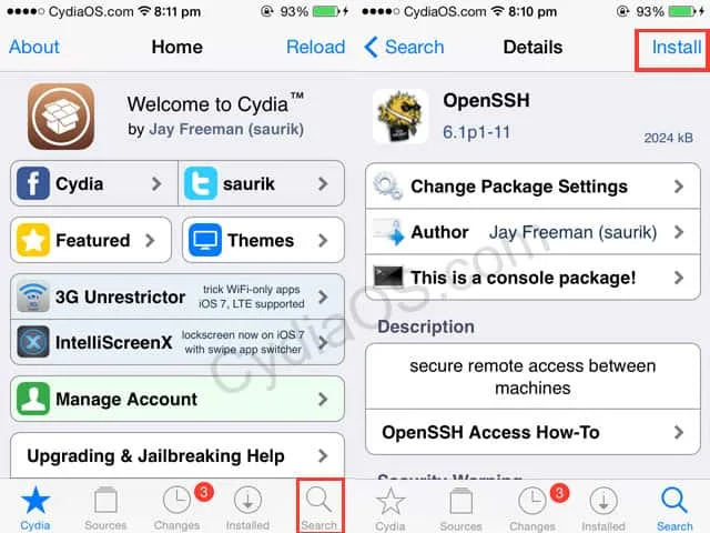 Install OpenSSH on iPod touch with Cydia