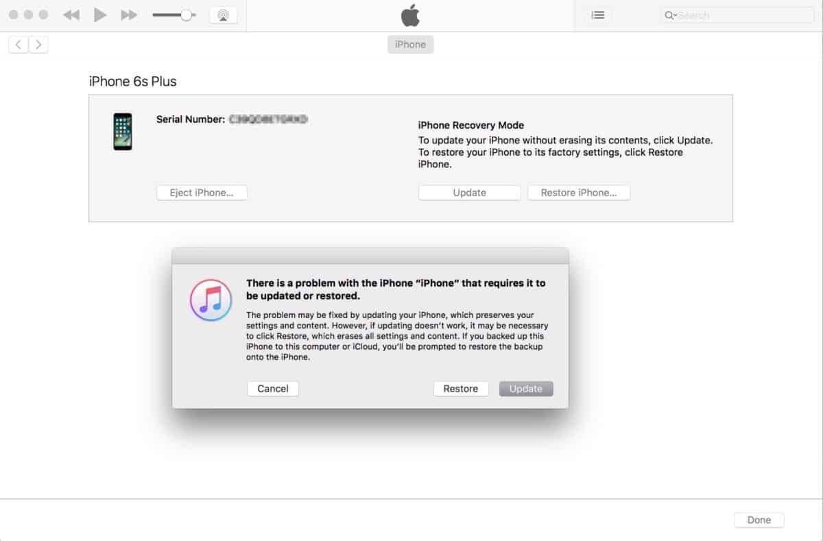 iTunes recovery pop-up