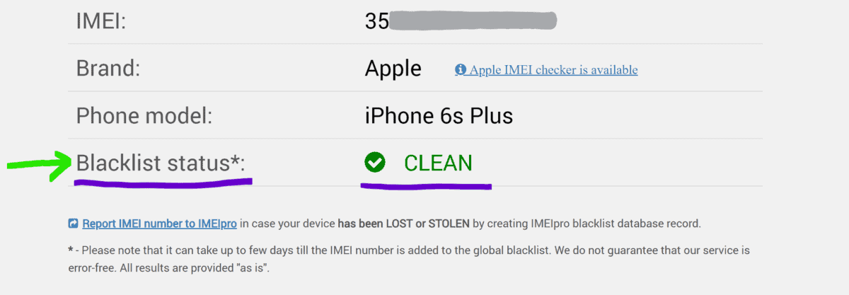 IMEI check results on website